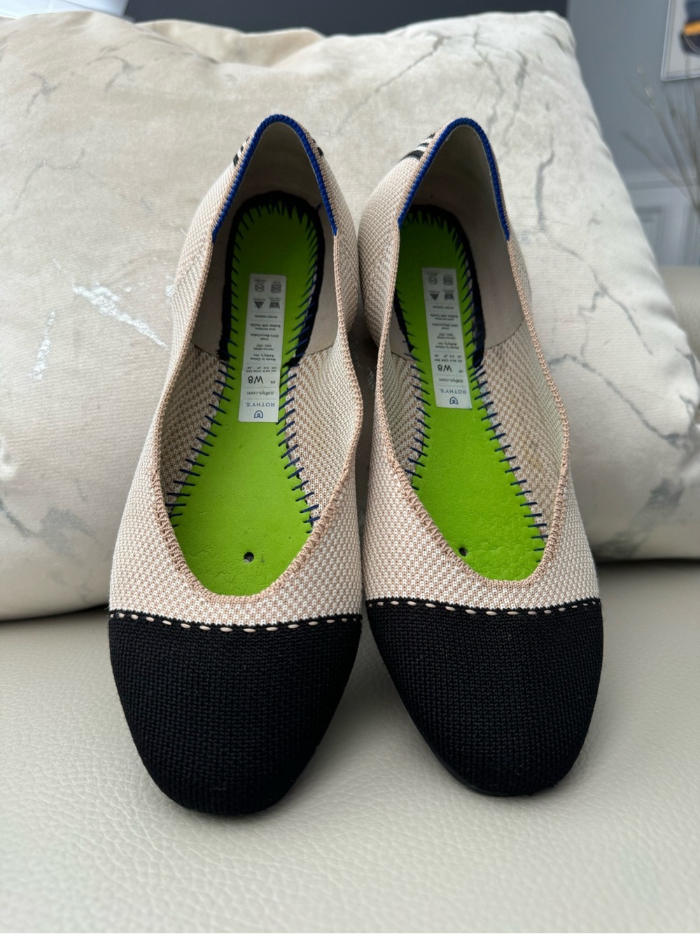 Rothy's Beige Knit Flats with Black Cap Toe and Blue Trim